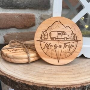 Sous-verres en bois gravés – Thème voyage & road trip