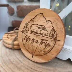 Sous-verres en bois gravés – Thème voyage & road trip