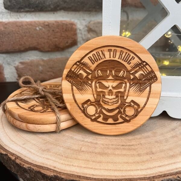 Sous-verres en bois gravés – Thème motard / biker