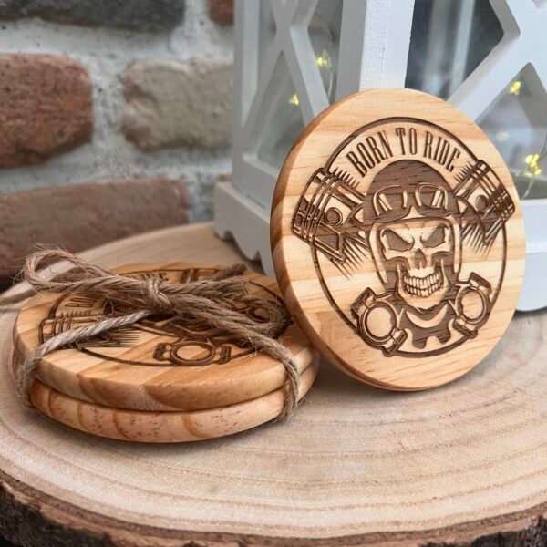 Sous-verres en bois gravés – Thème motard / biker – Image 3
