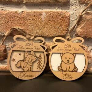 Boule de Noël personnalisée Mon premier Noël – Renard et Ourson
