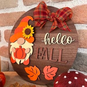 Décoration d’automne en bois avec gnome ❝ Hello Fall ❞