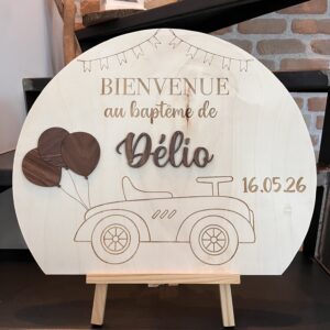 Panneau de bienvenue baptême en bois personnalisé – Peuplier et noyer