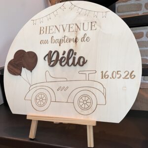 Panneau de bienvenue baptême en bois personnalisé – Peuplier et noyer